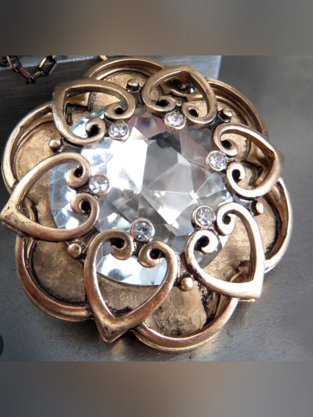 Vintage Gold Tone Large Crystal Rhinestone Heart Statement Pendant - Picture 2 of 8